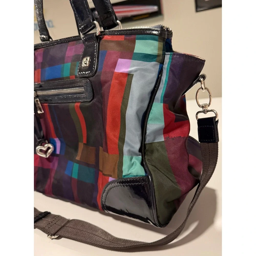Brighton Multicolor Geometric Nylon Satchel Patent Trim Crossbody Bag